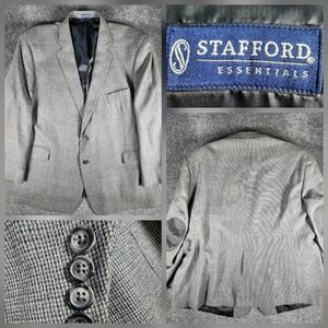 Stafford 56R Gray Houndstooth Plaid Blazer Suit Jacket Sport Coat Elbow Patches